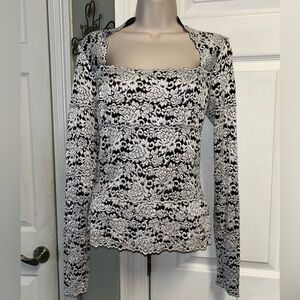 CACHÈ Womens Black & White Lace Blouse Medium Sweetheart Neckline Balletcore